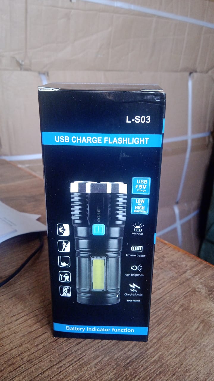 Wukusy 4 LED rechargeable flashlight with long-distance beam, cob light, 4 modes, ideal for hiking, camping, and emergencies.