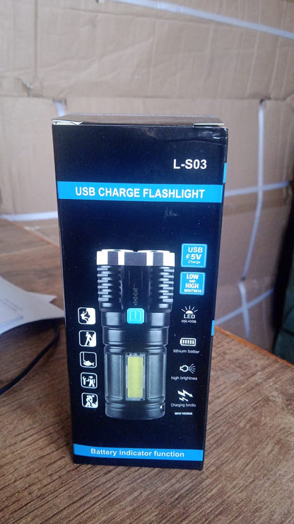 Wukusy 4 LED rechargeable flashlight with long-distance beam, cob light, 4 modes, ideal for hiking, camping, and emergencies.