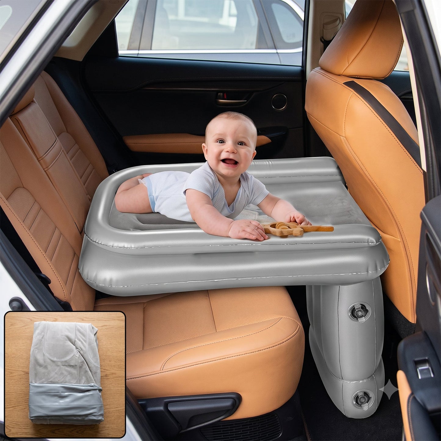 Inflatable travel air bed mattress for car back seat, designed for kids and babies, by Wukusy, shown inflated in a vehicle interior.