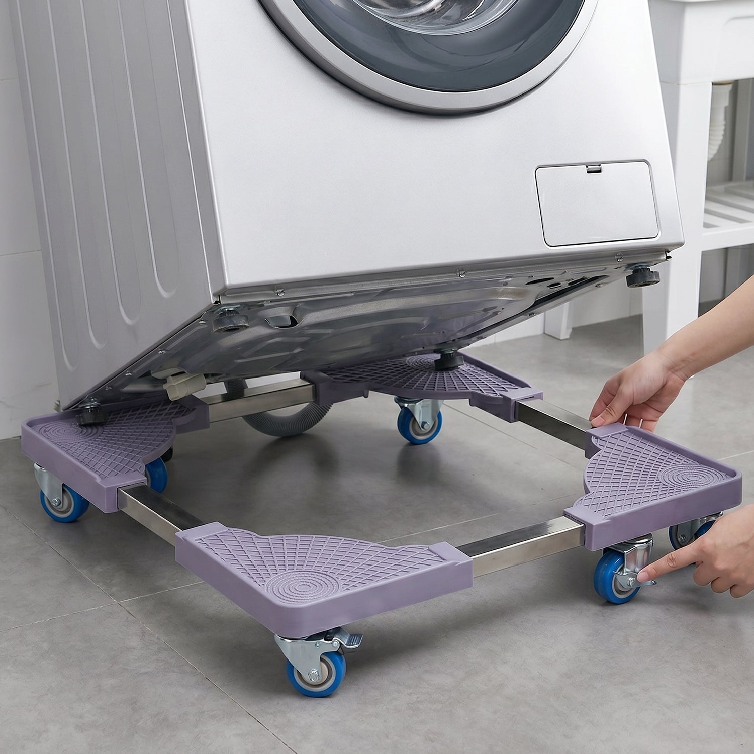 Wukusy adjustable fridge and washing machine stand with wheels, movable base, and sturdy frame for easy appliance support.