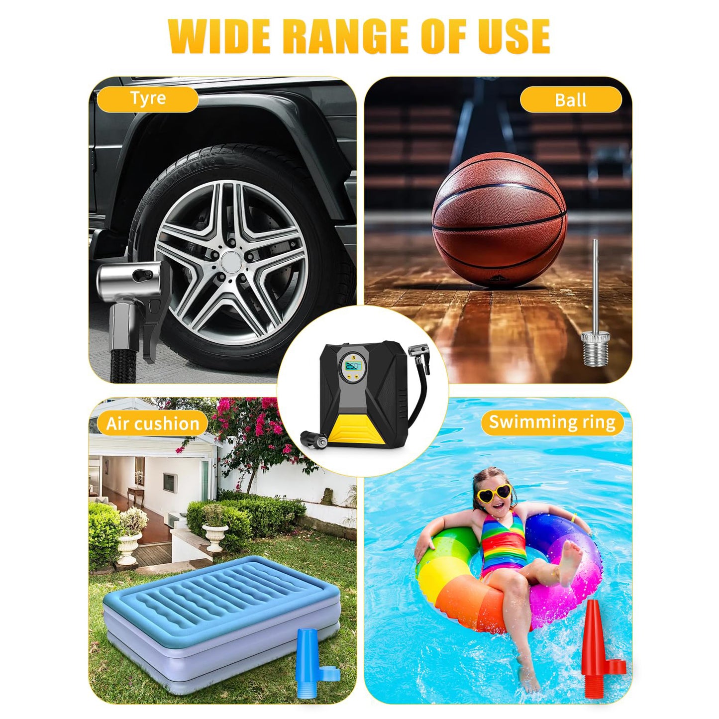 Wukusy mini digital portable car tyre air compressor for automotive use, compact device with digital display and air hose attachment.