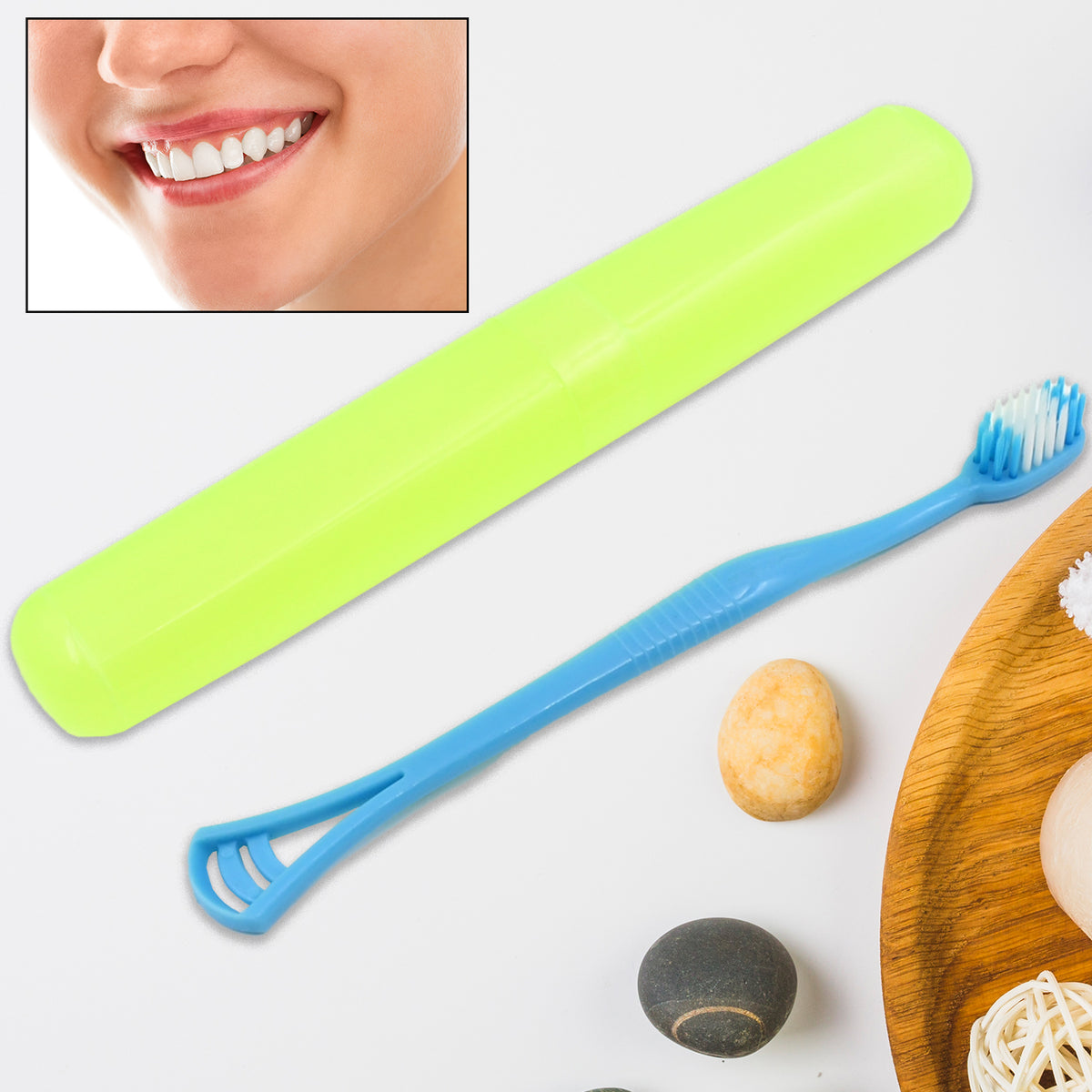 Wukusy 2-in-1 soft toothbrush and tongue cleaner with plastic cover, shown with toothbrush cover case for men, women, and kids.
