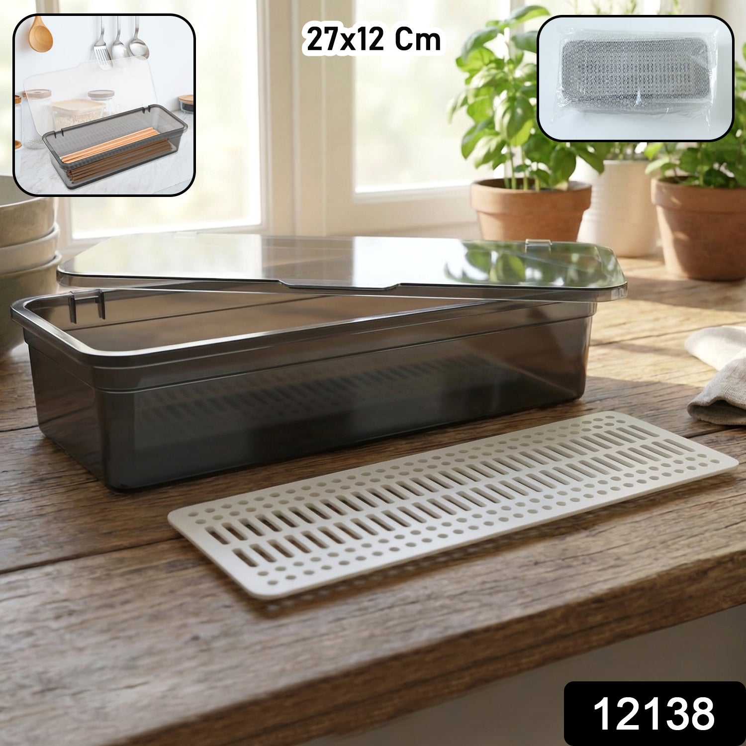 Wukusy multipurpose kitchen sink organizer tray with 27x12 cm size, holding utensils and sponges in a clean kitchen sink area.