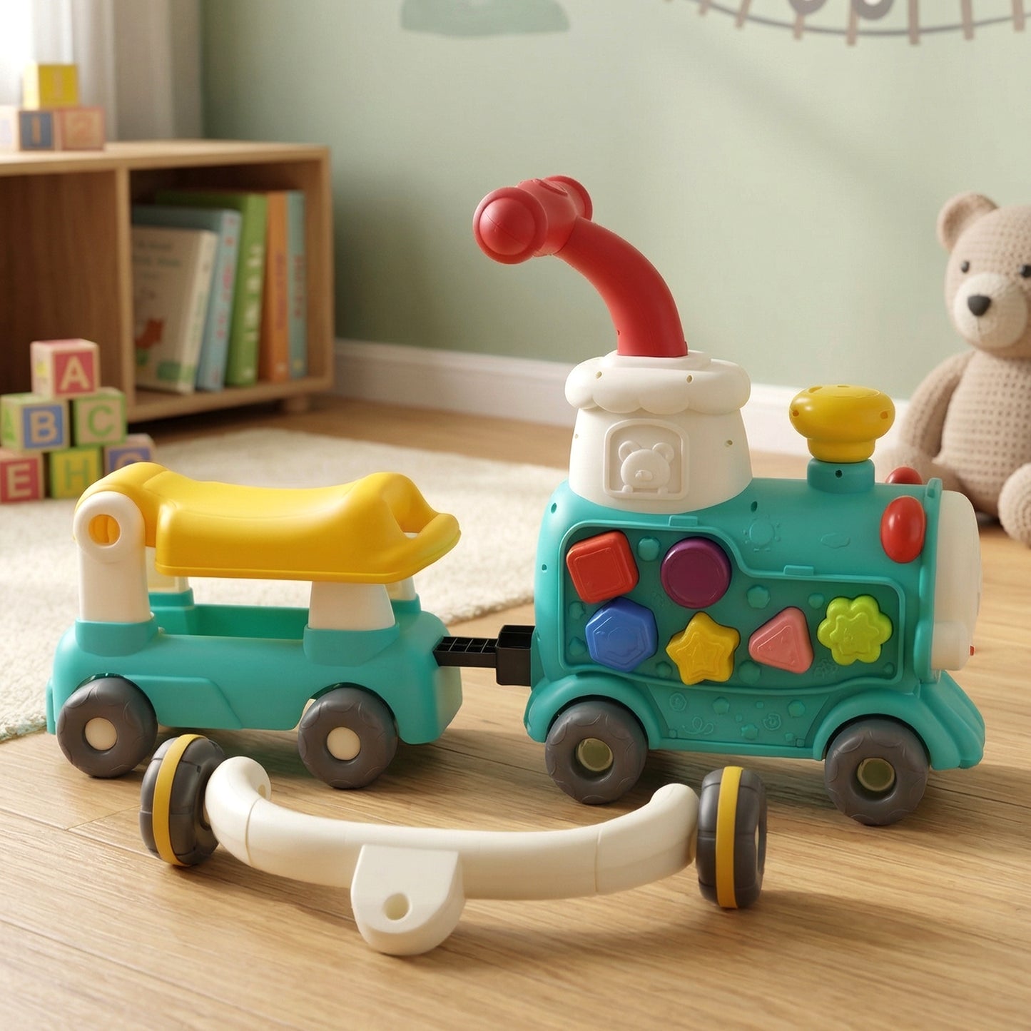 Wukusy Aditi Tiny Train Baby Walker Ride-on Toy with push handle, colorful plastic toy for toddlers to learn walking and riding.