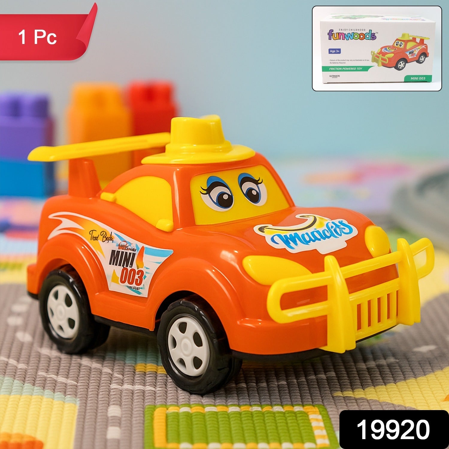 Wukusy Funwoods friction-powered cartoon racing car toy with colorful design, ideal for kids' play and imaginative racing fun.