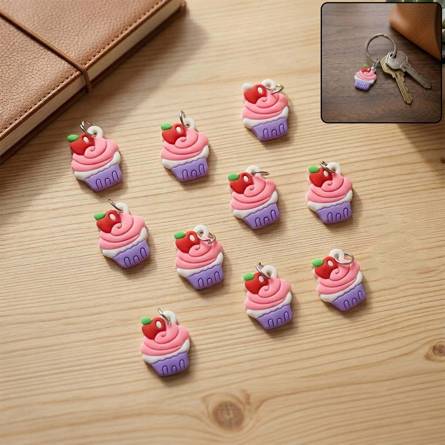 Set of 10 Wukusy cupcake-shaped bag charm keychains with colorful, playful designs, perfect for decorating bags or keys.