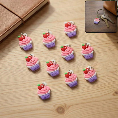 Set of 10 Wukusy cupcake-shaped bag charm keychains with colorful, playful designs, perfect for decorating bags or keys.