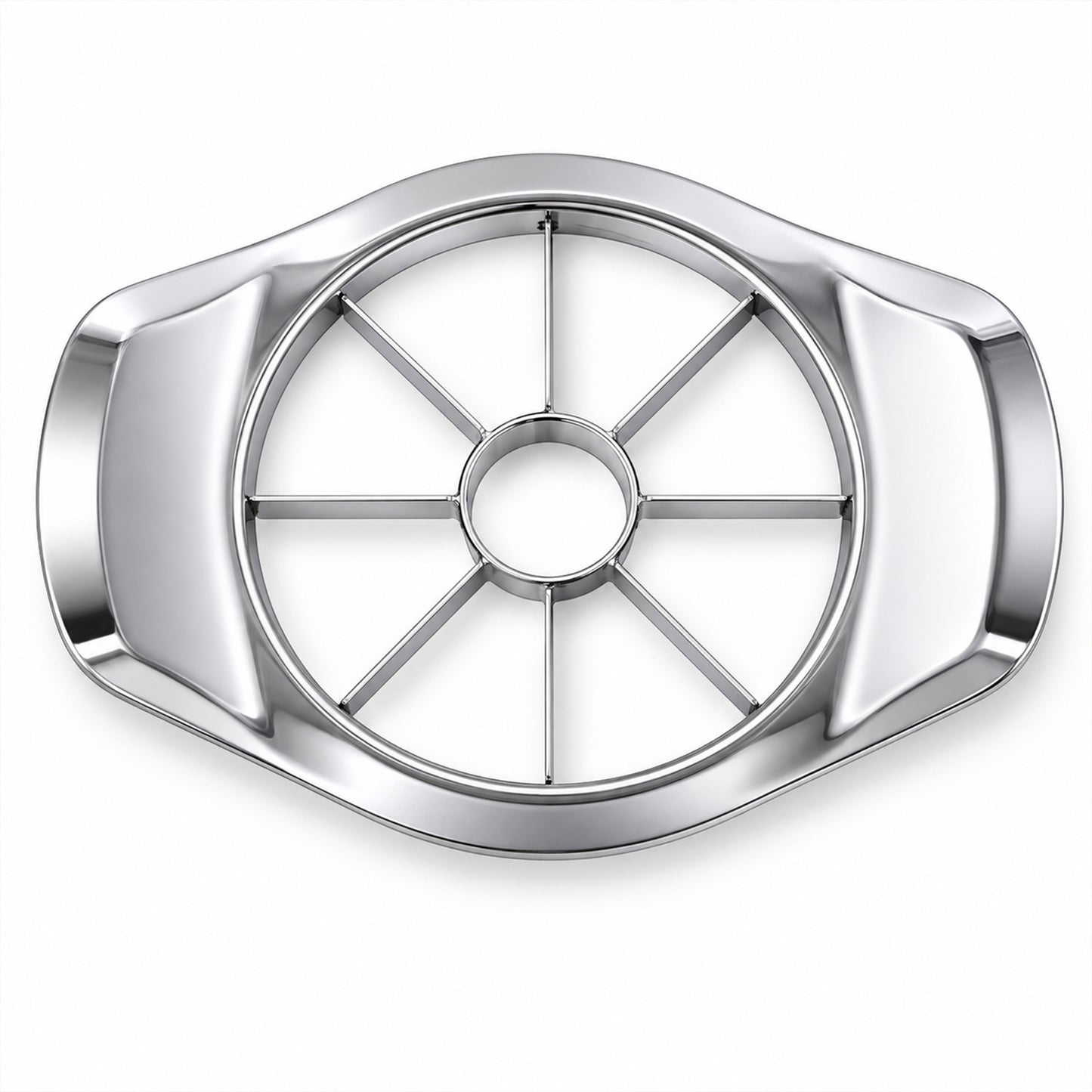 Wukusy stainless steel apple-shaped fruit cutter and corer, designed for kitchen use, with a sleek apple shape and sharp blades.