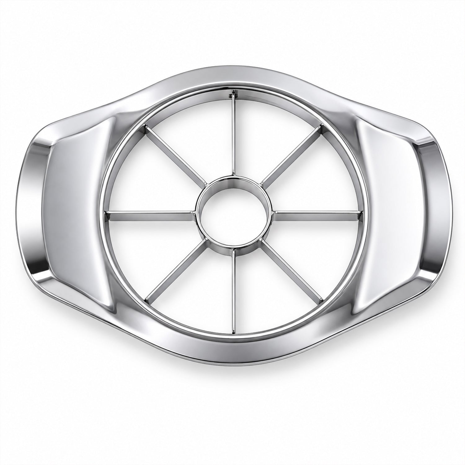 Wukusy stainless steel apple-shaped fruit cutter and corer, designed for kitchen use, with a sleek apple shape and sharp blades.