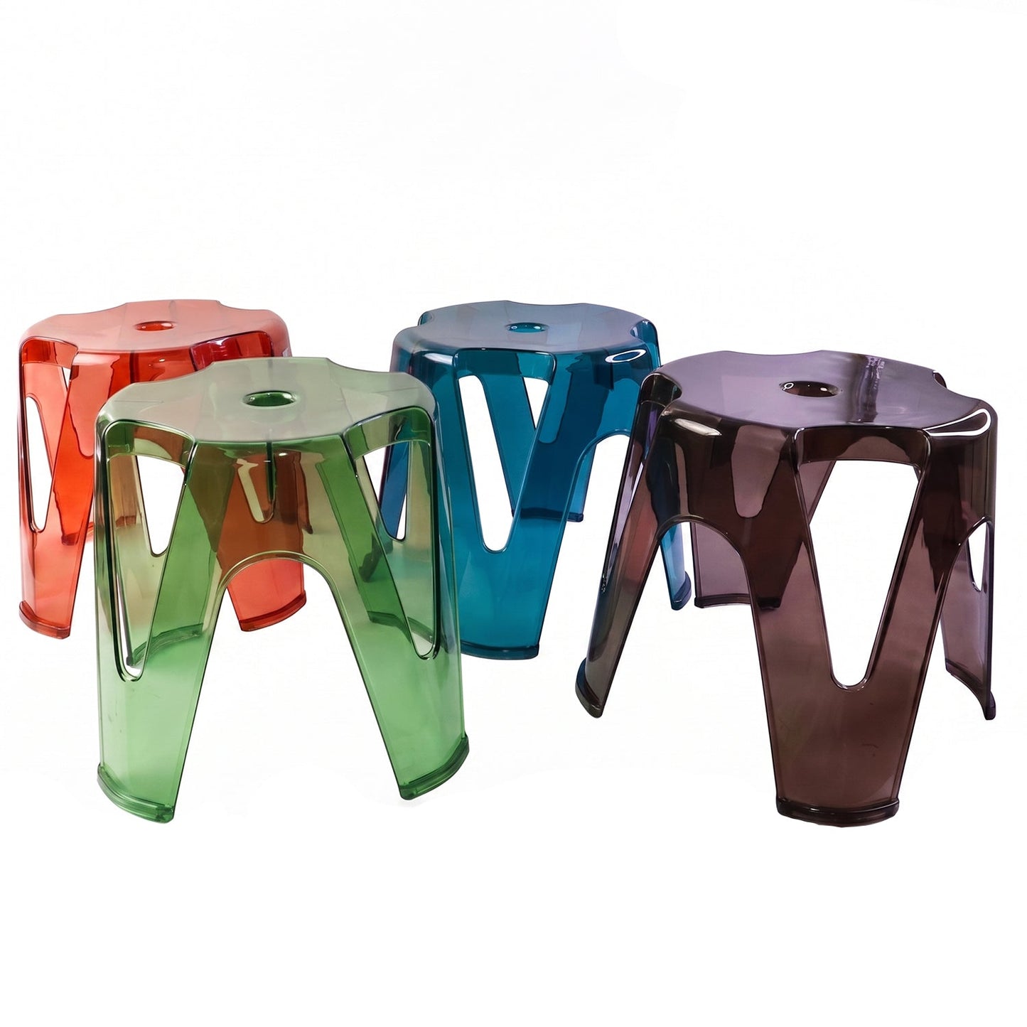 Set of four transparent plastic sitting stools, 28x26cm, sturdy indoor and outdoor seats by Wukusy.