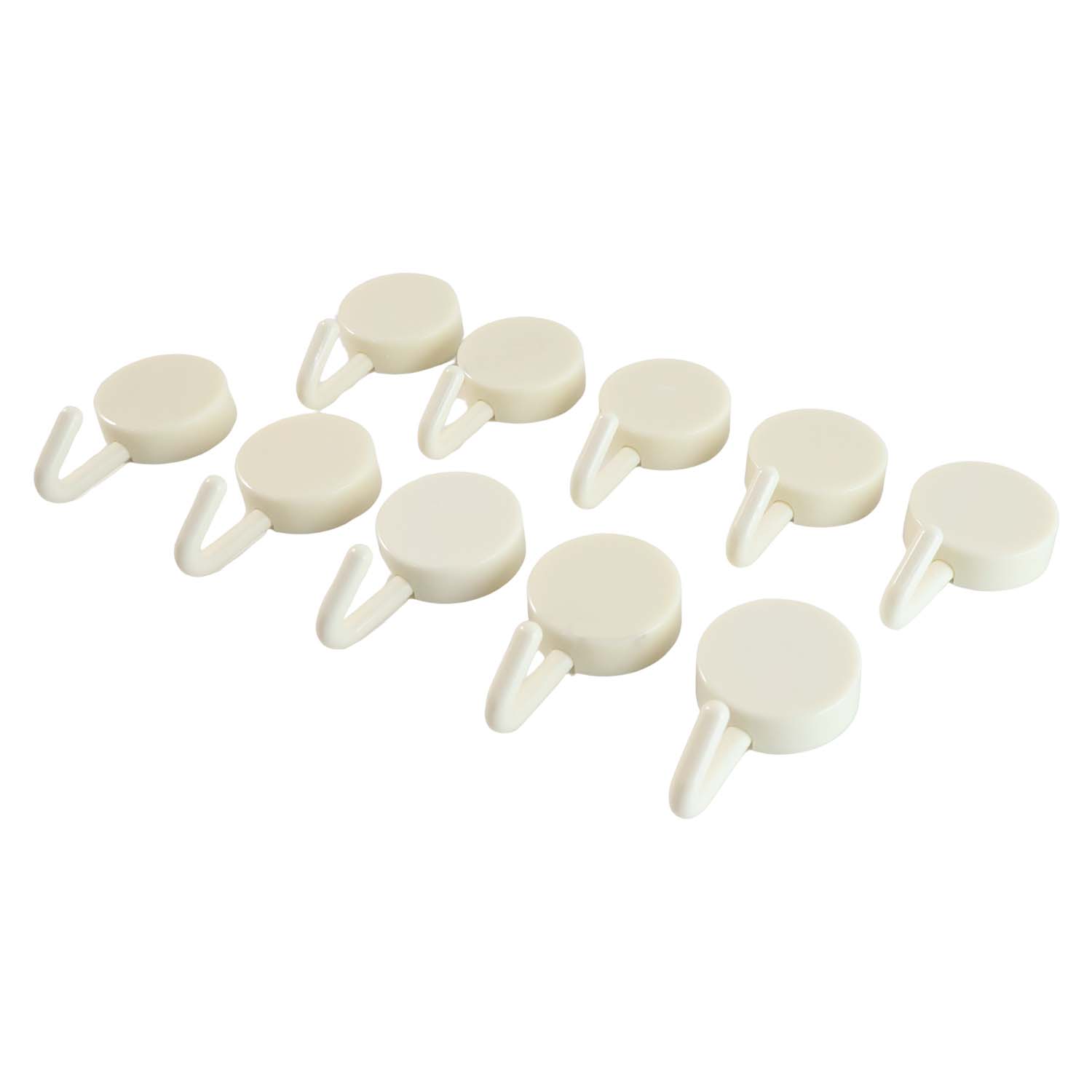 Set of 10 Wukusy self-adhesive round wall hooks for home improvement, showing the hooks attached to a wall surface.