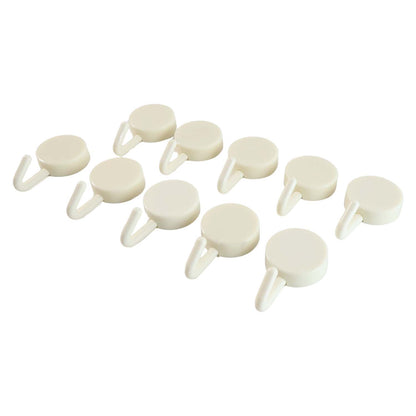 Set of 10 Wukusy self-adhesive round wall hooks for home improvement, showing the hooks attached to a wall surface.
