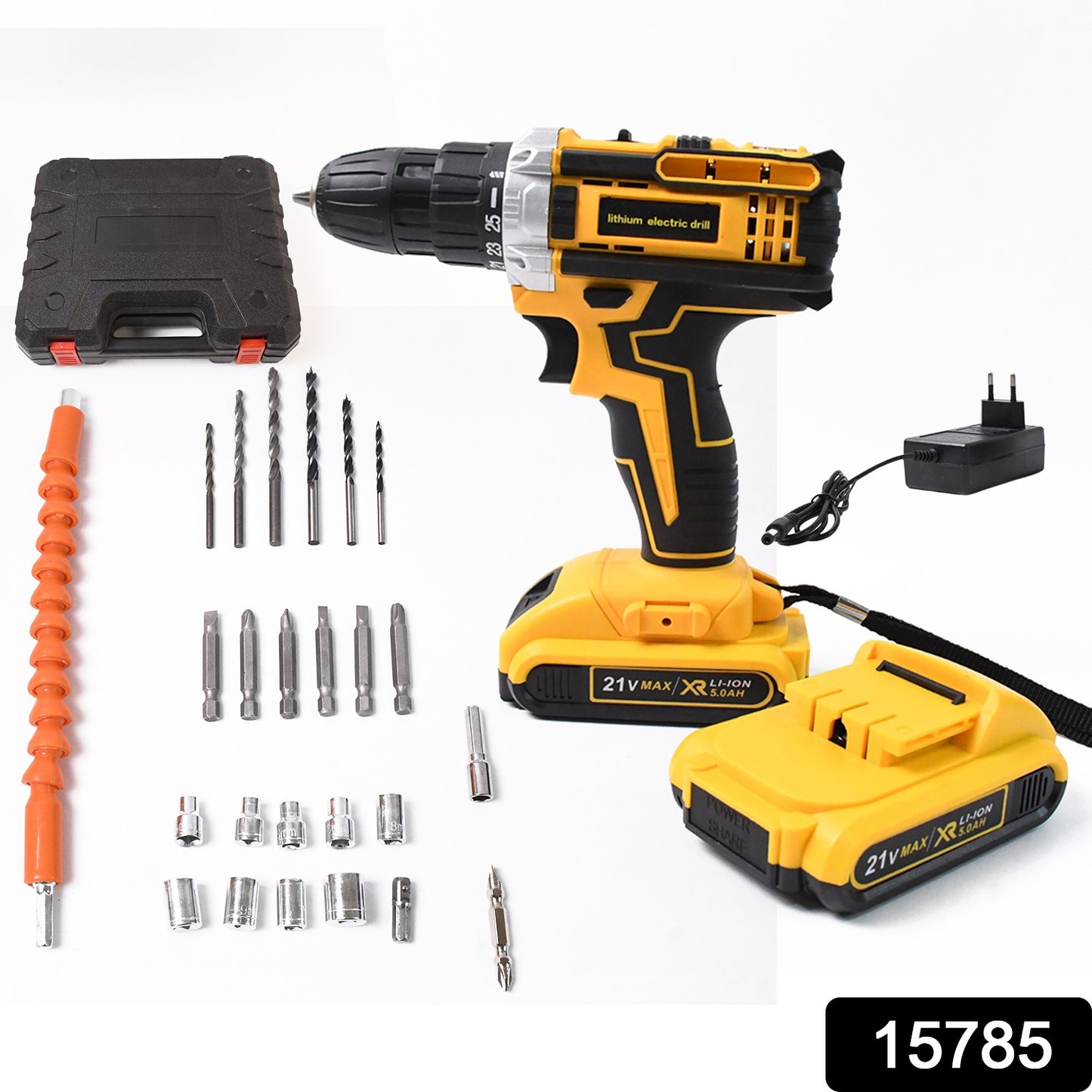 Wukusy 21V Lithium Double Battery Cordless Drill Set with 29 tools and accessories, showing the drill and bit attachments.
