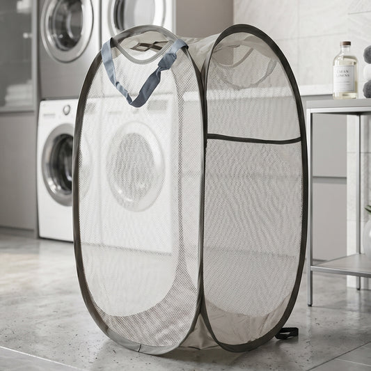 Foldable mesh laundry basket by Wukusy, 1-piece clothes storage bag with mix design, lightweight and breathable for easy organization.