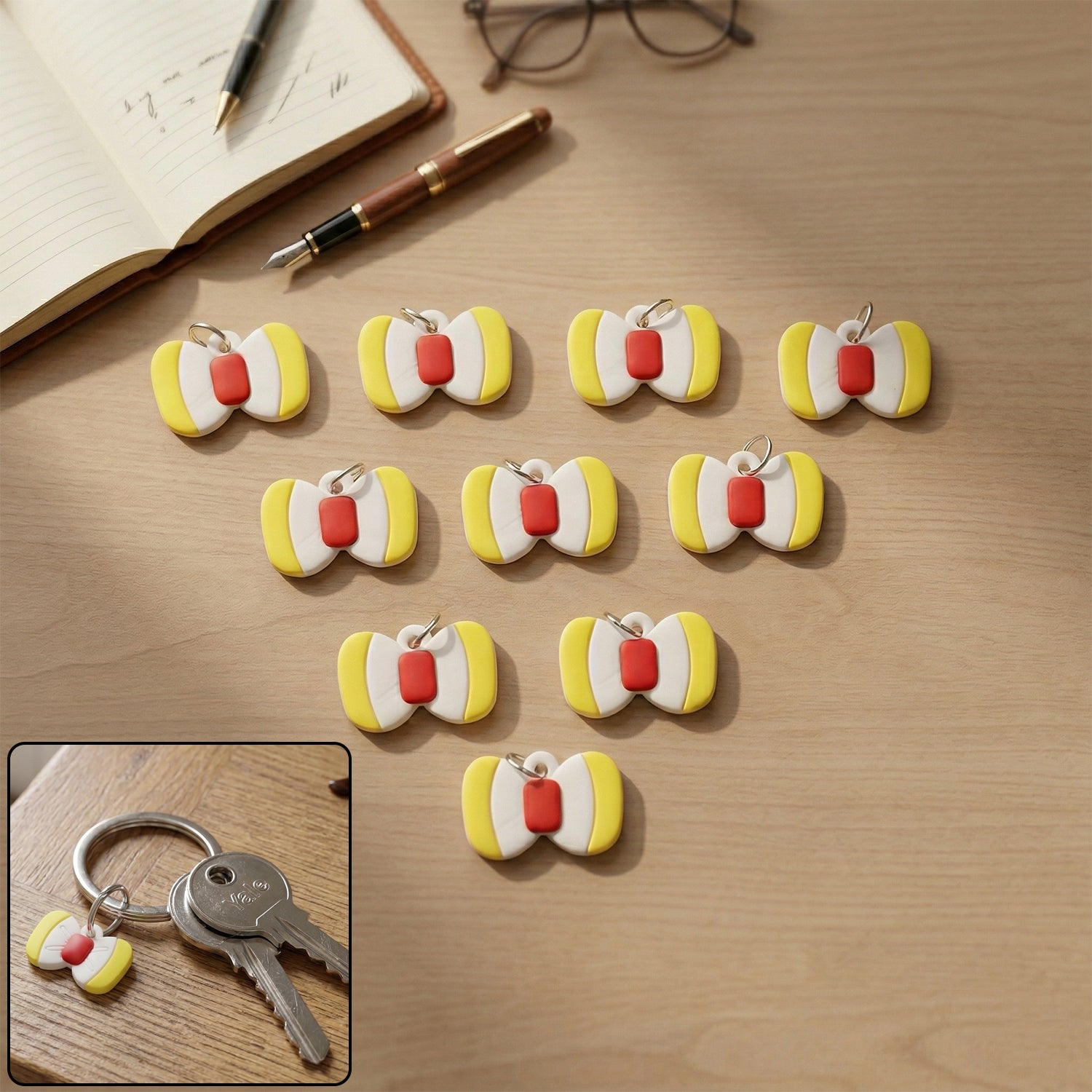 Set of 10 cute bow-shaped bag charm keychains by Wukusy, featuring colorful and playful accessory designs.