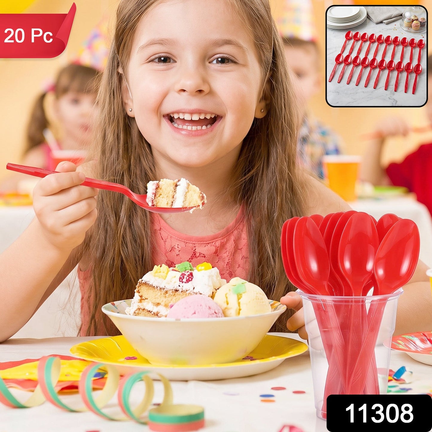 Set of 20 reusable plastic spoons by Wukusy, unbreakable dinner cutlery suitable for everyday use, displayed on a white background.