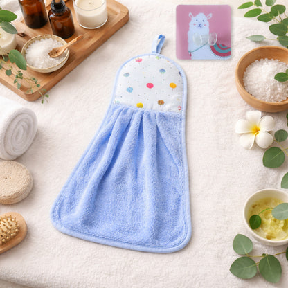 Soft hanging hand towel with self-adhesive wall hook from Wukusy, displayed hanging on the hook in a bathroom setting.