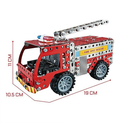 Wukusy metal DIY fire truck building blocks for kids, featuring 292-piece fire truck toy set with truck tools and accessories.