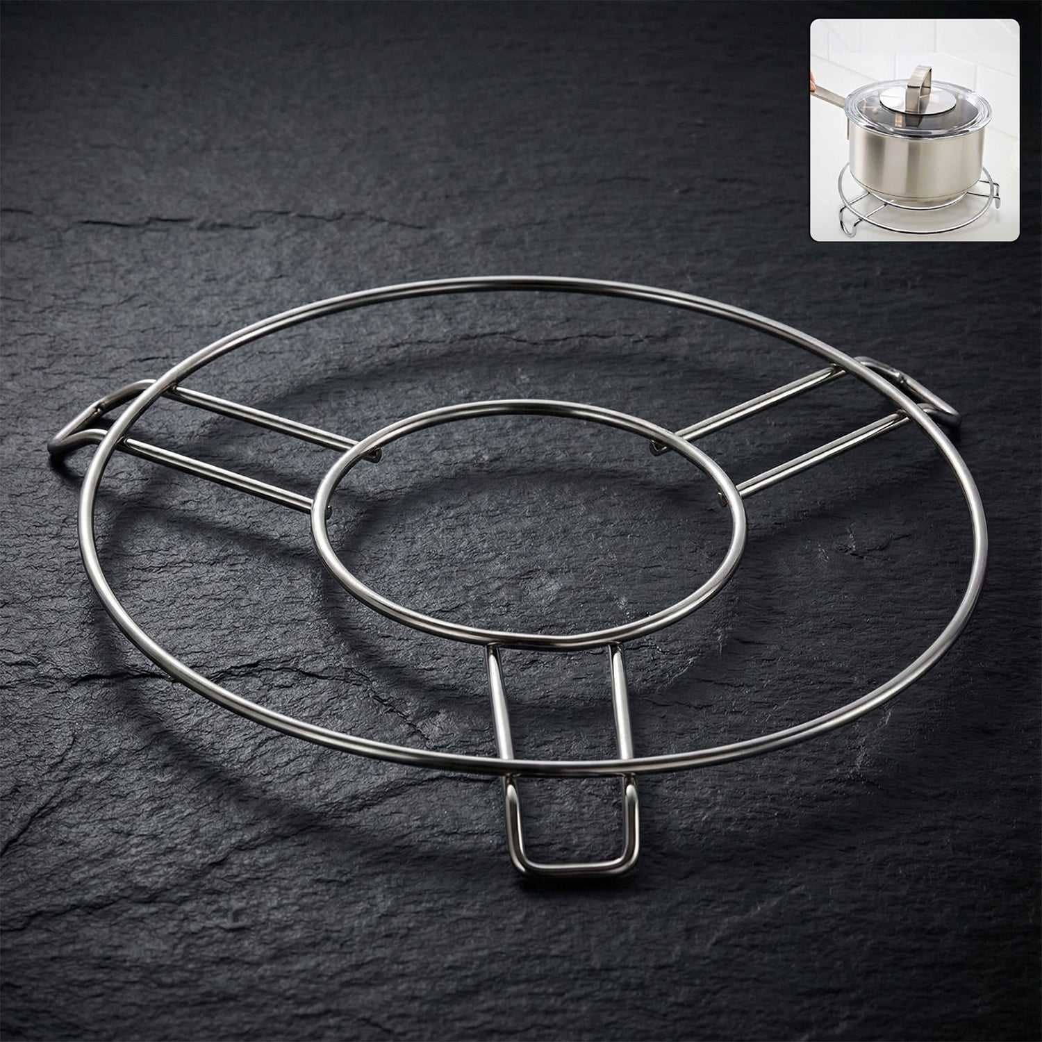 Stainless steel round hot pot stand for table, designed by Wukusy, ideal for home and kitchen use.