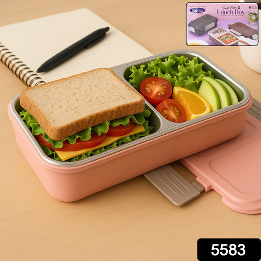 Wukusy Miracle Quick Lock stainless steel lunch box with two compartments, leak-proof, microwave and freezer safe, ideal for office and school.