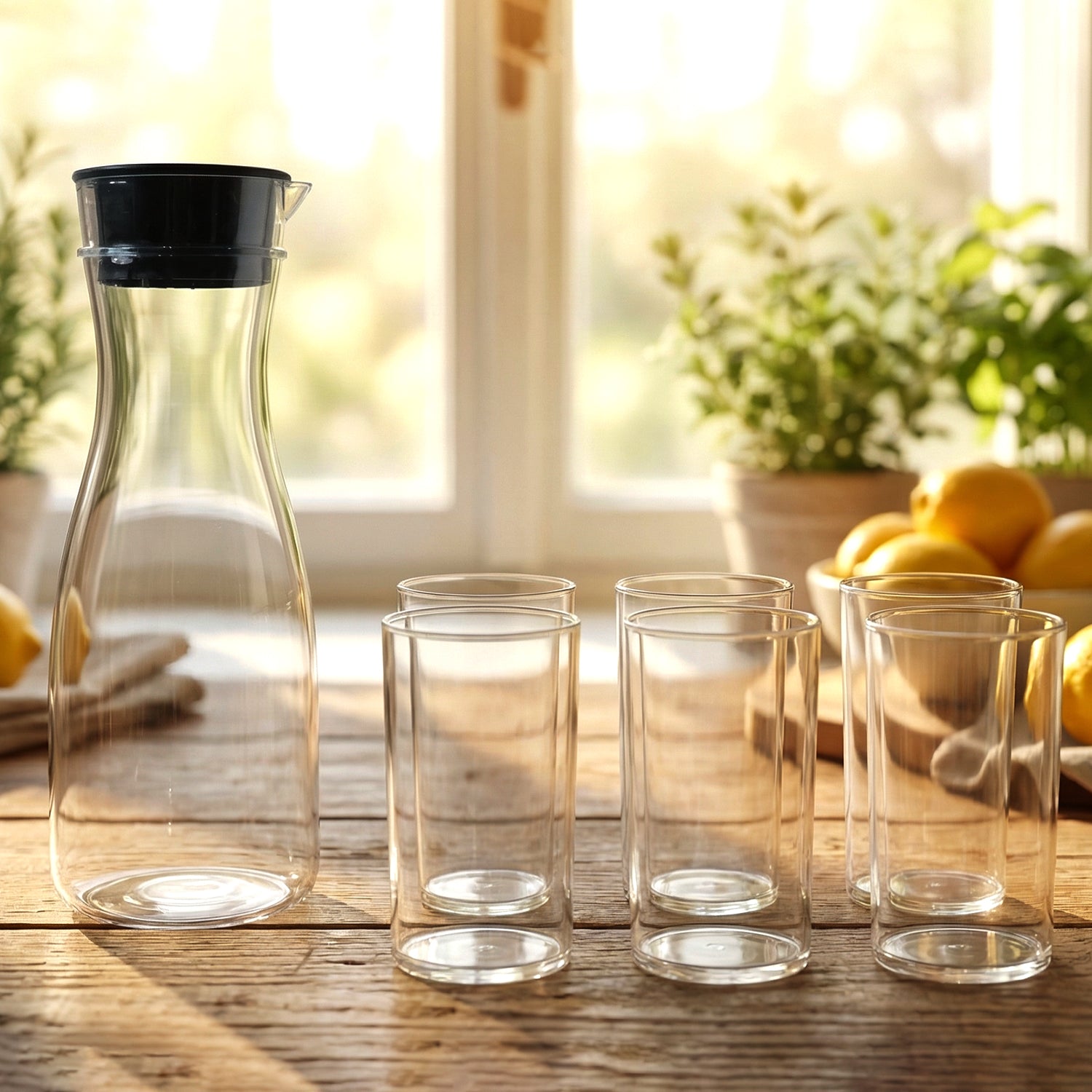 Wukusy Prexo plastic water jug (1000ml) with six 300ml drinking glasses, set for serving beverages in a modern kitchen.