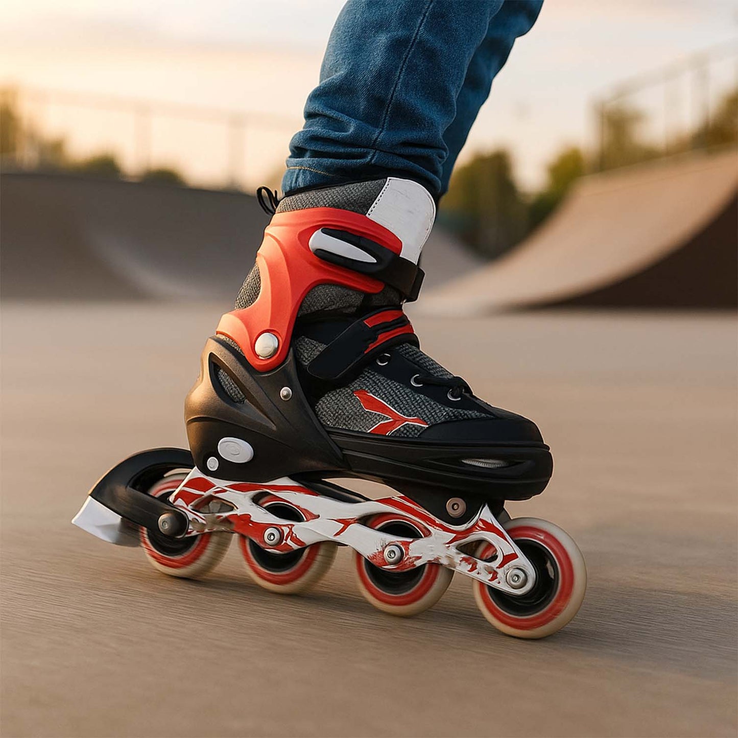 Wukusy professional adjustable inline skates for kids and adults, featuring a sleek design and secure straps, shown in a close-up image.