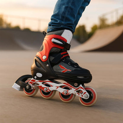 Wukusy professional adjustable inline skates for kids and adults, featuring a sleek design and secure straps, shown in a close-up image.