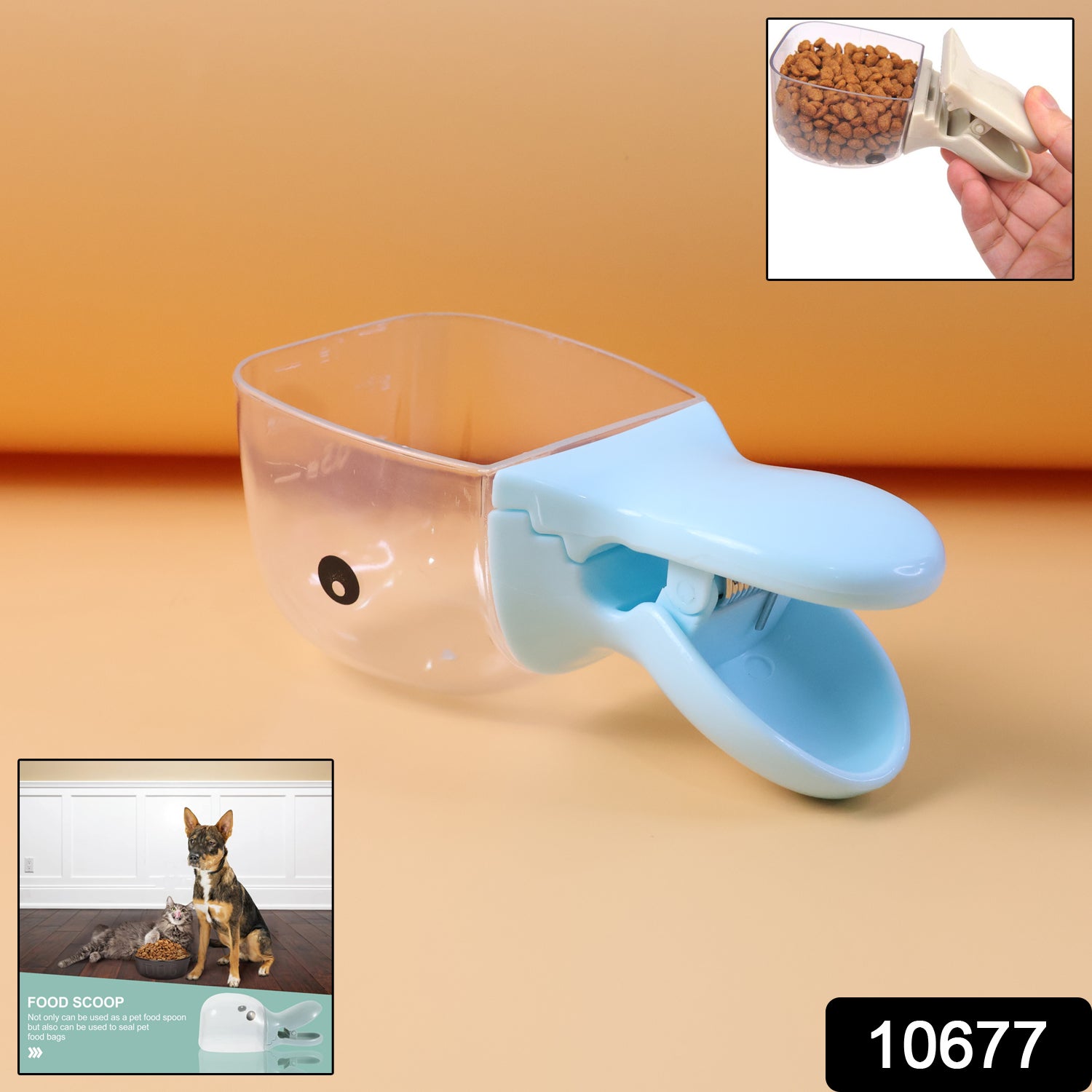 Wukusy 2-in-1 pet food scoop with bag clip showing a plastic scoop attached to a clip for measuring and sealing pet food bags