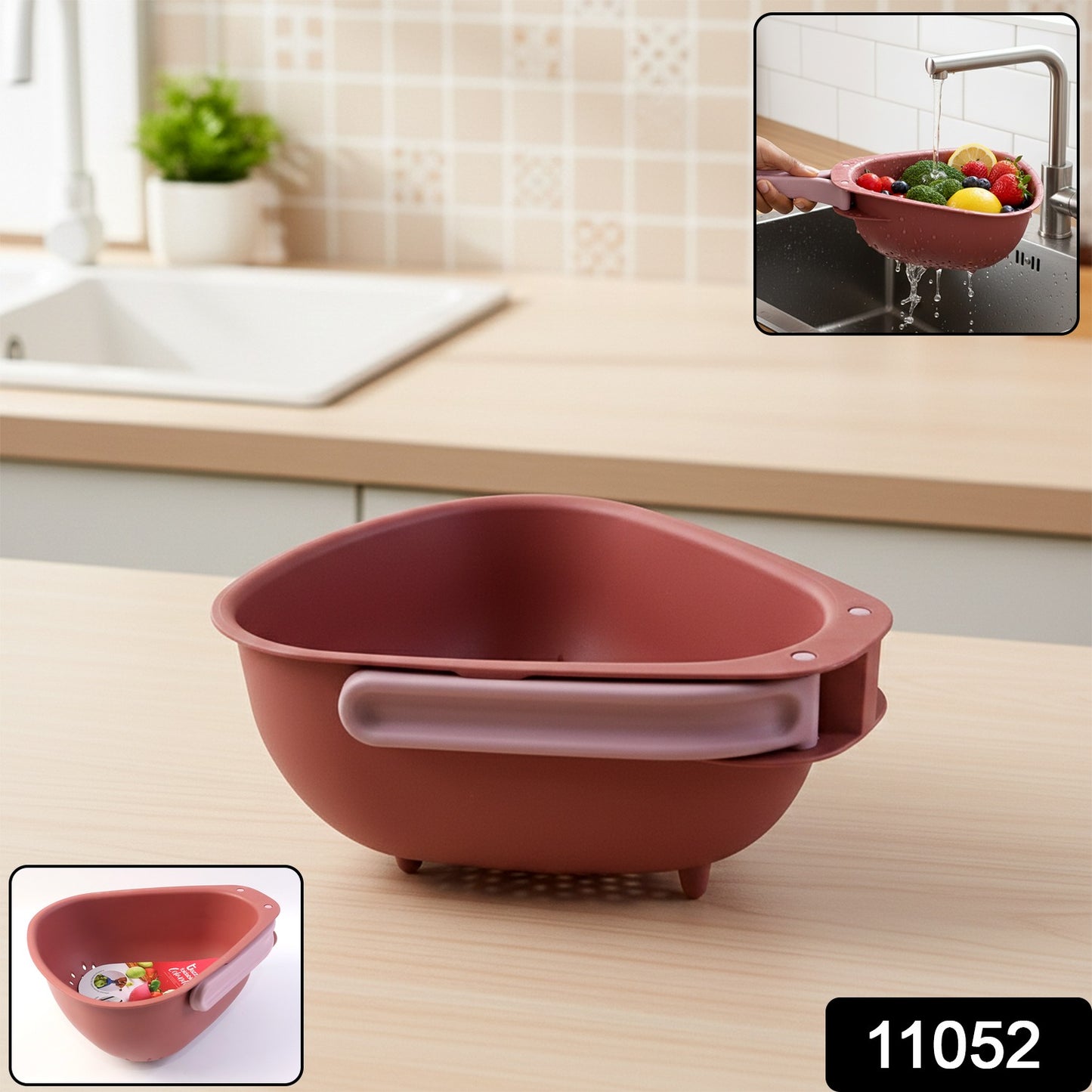 Wukusy Supermom kitchen colander with foldable handle and drain base, made of durable metal for draining pasta and vegetables