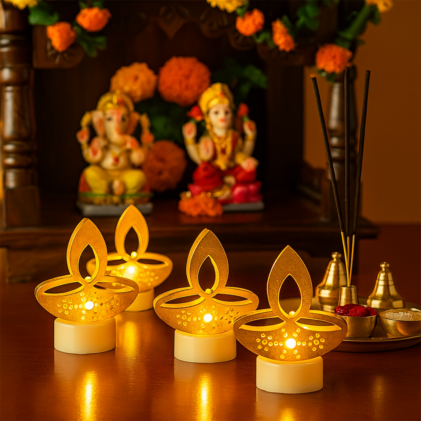 Set of six golden diya-shaped LED tealight candles by Wukusy, perfect for home decor and ambient lighting.