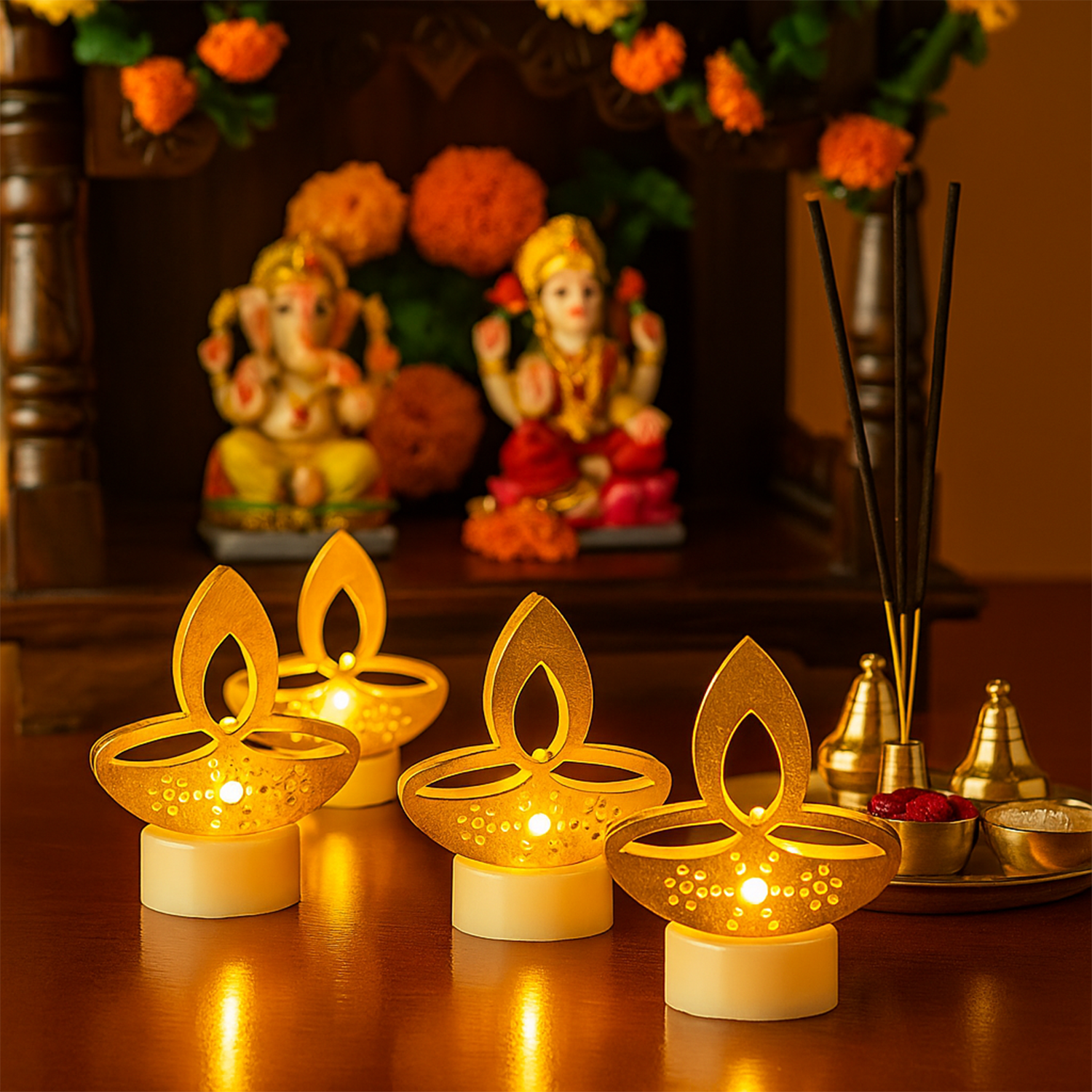 Set of six golden diya-shaped LED tealight candles by Wukusy, perfect for home decor and ambient lighting.