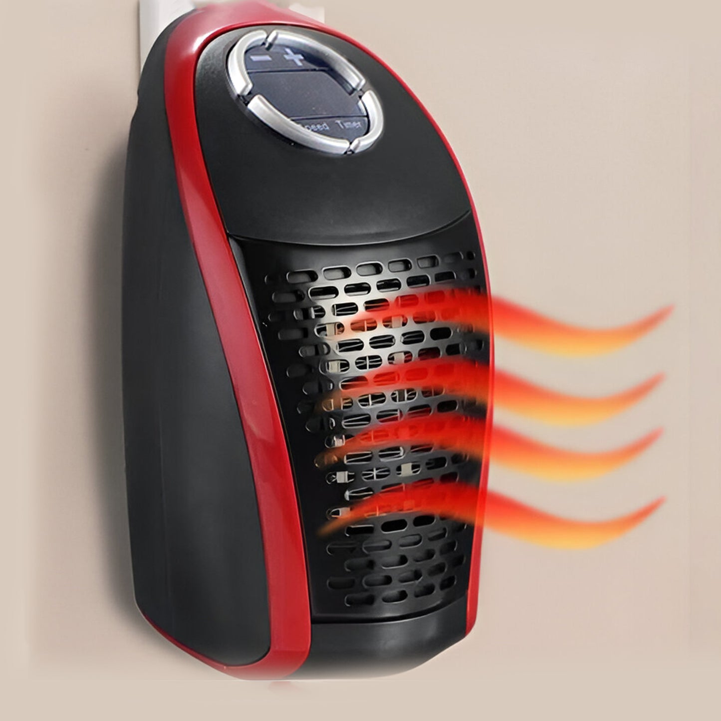 Wukusy Wonder Warm 400W wall plug room heater with remote control, suitable for office use, shown plugged into wall outlet.