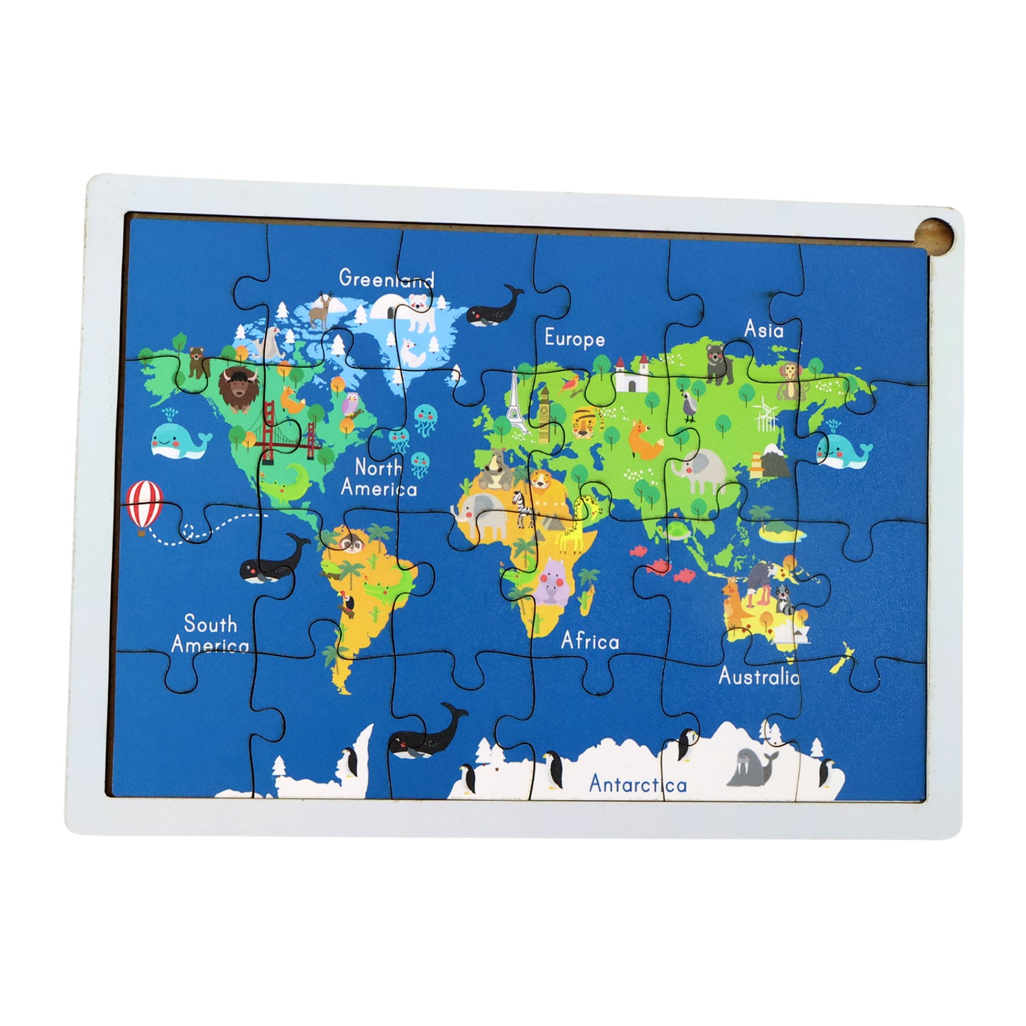 Wooden world map puzzle for kids by Wukusy, featuring colorful pieces of a detailed educational toy for children.