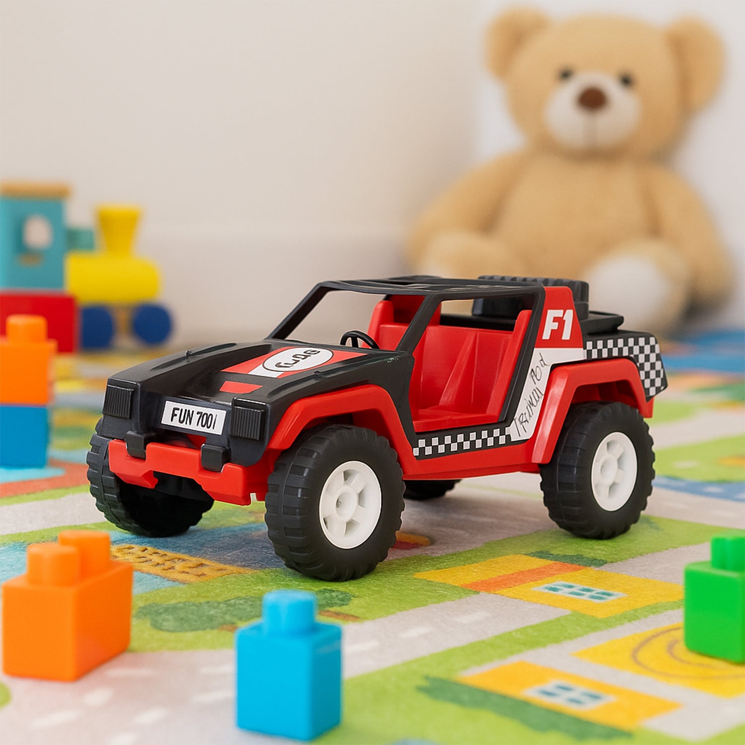 Wukusy Funwoods free-wheel racing Jeep toy car for kids, colorful plastic toy vehicle with open roof and detailed design.
