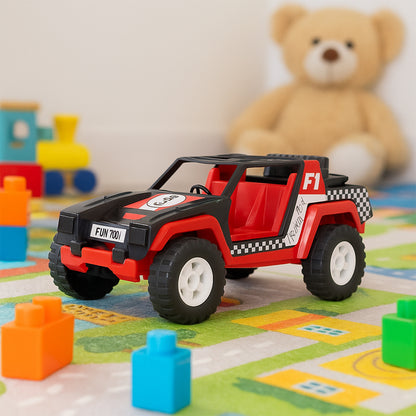 Wukusy Funwoods free-wheel racing Jeep toy car for kids, colorful plastic toy vehicle with open roof and detailed design.