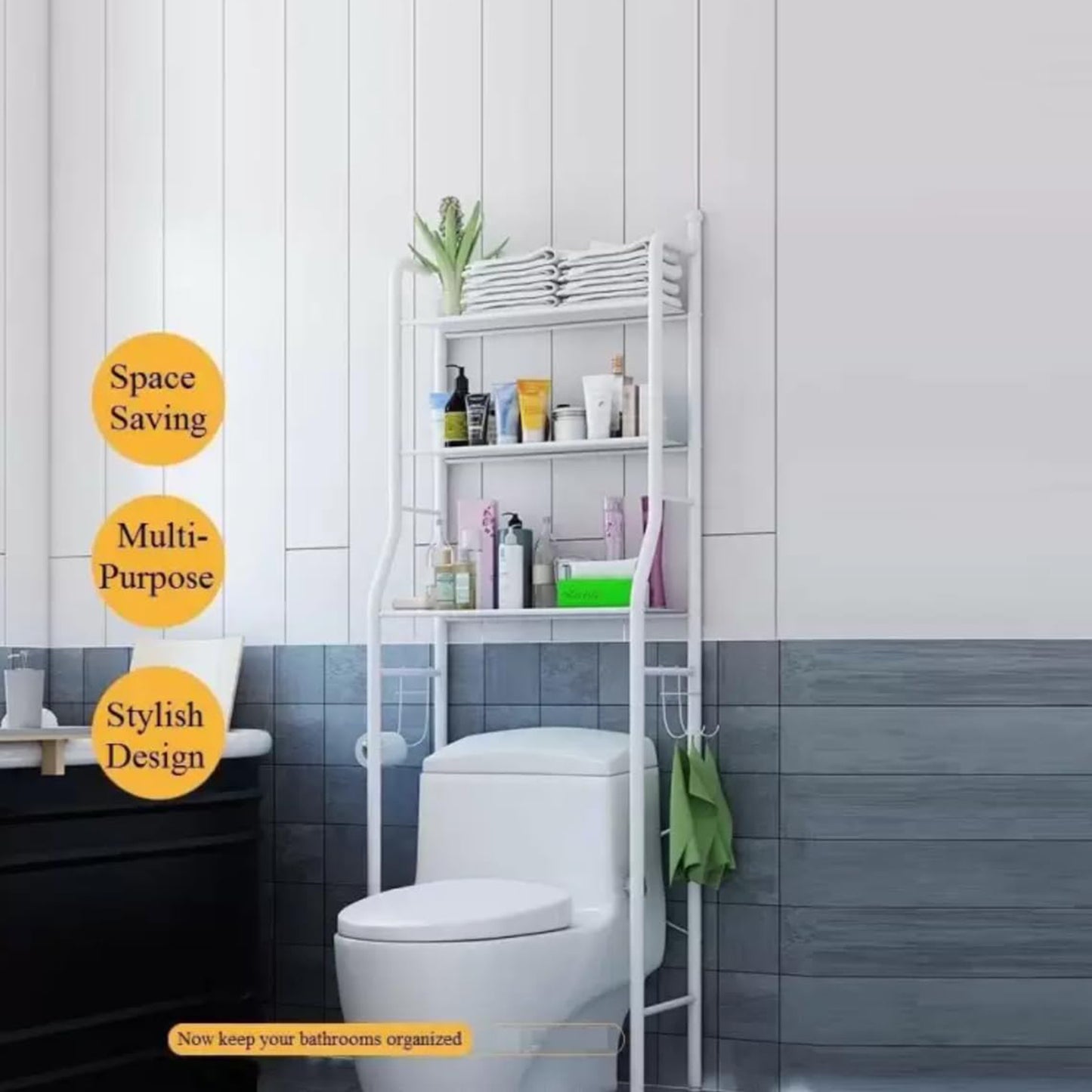 Wukusy 8803 multi-layer metal bathroom storage rack with shelves for toilet, laundry room, and wash basin organization