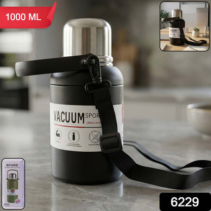 Wukusy 1000 ml vacuum insulated stainless steel flask bottle with a black screw-top lid and sleek design on a white background.
