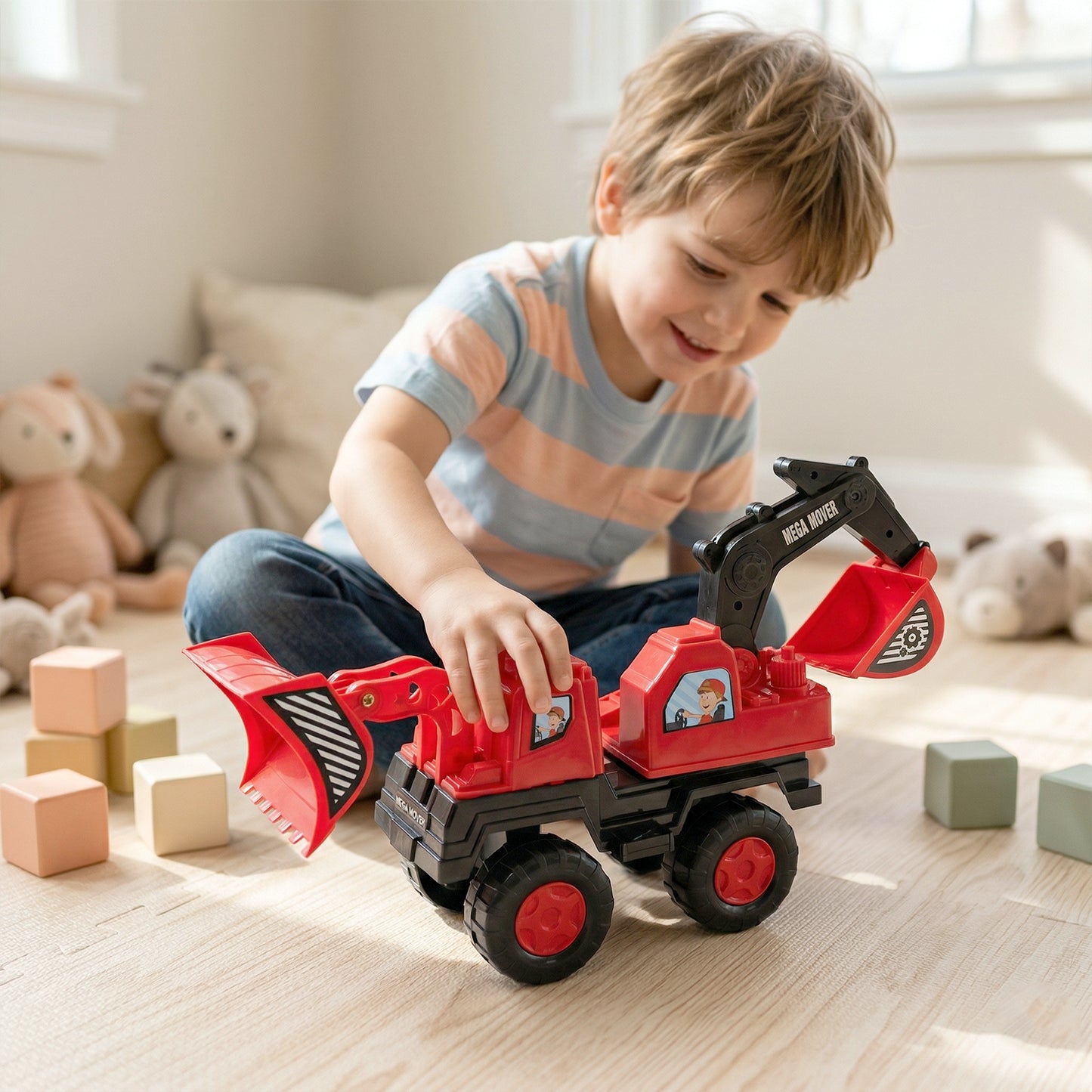 Wukusy Mega Mover construction excavator toy truck for kids, detailed plastic construction vehicle with moving parts and bright colors.