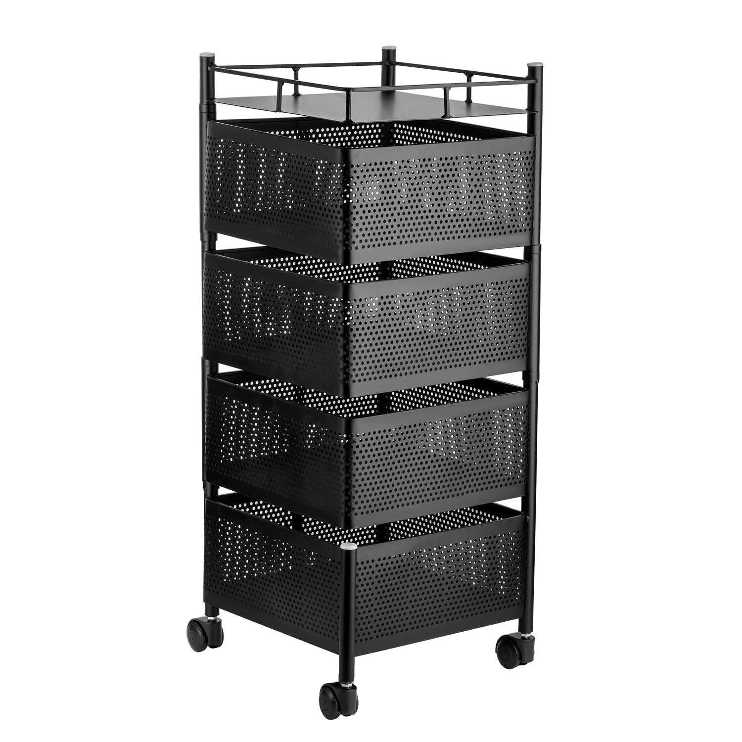 Wukusy metal kitchen trolley with 4-layer square design, wheels, for storing fruits, vegetables, onions, and kitchen accessories.