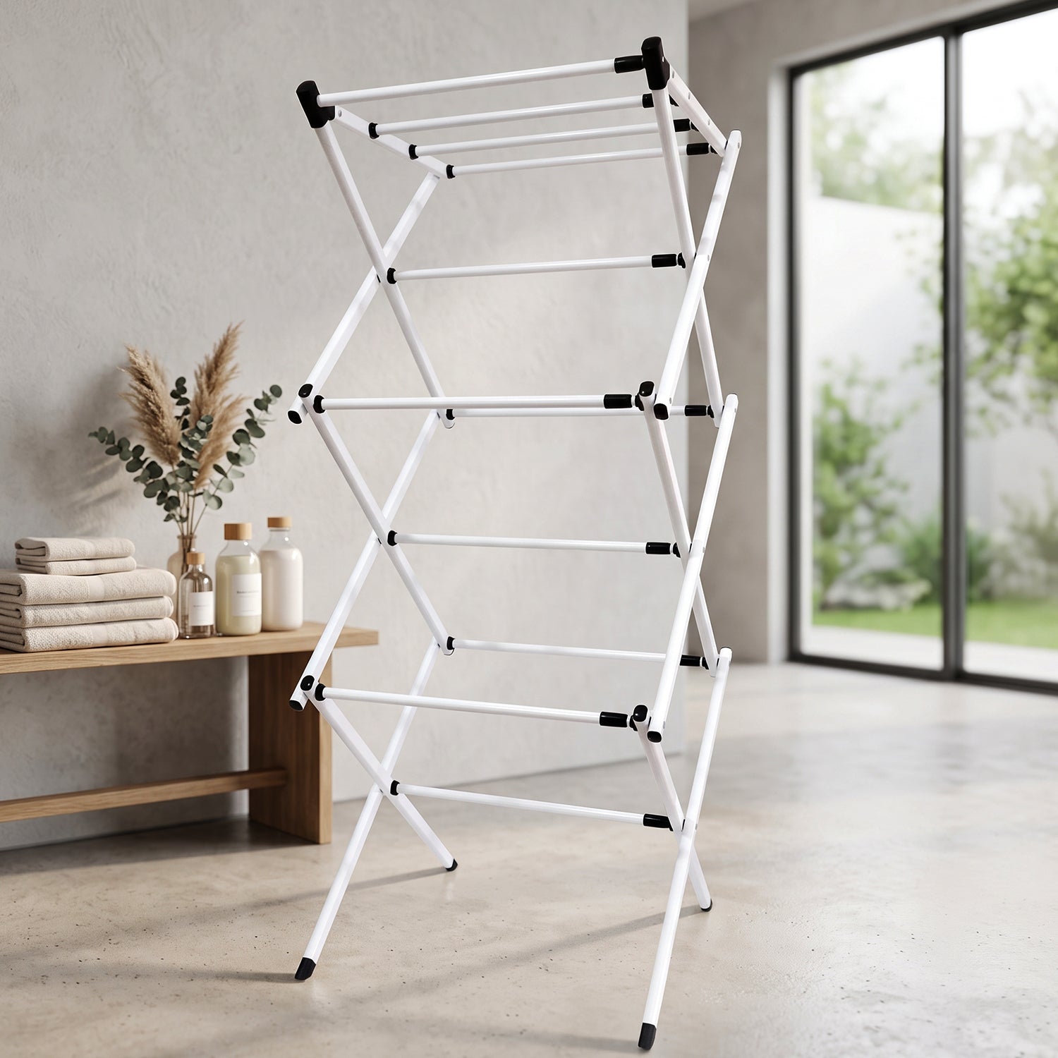 Wukusy metal foldable clothes drying rack with three tiers, portable laundry stand for drying clothes indoors or outdoors