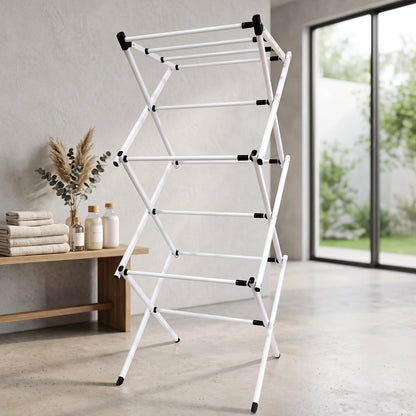 Wukusy metal foldable clothes drying rack with three tiers, portable laundry stand for drying clothes indoors or outdoors