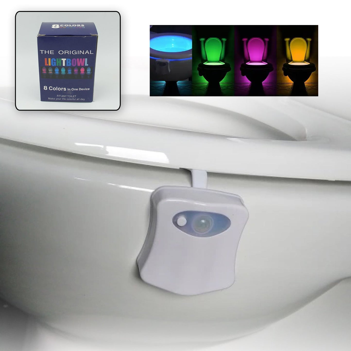 Wukusy LED toilet bowl light installed inside a bathroom toilet, illuminating the bowl with colorful LED lighting.