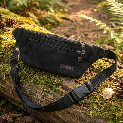 Black Wukusy sports waist bag with adjustable strap and zippered pocket for convenient storage during activities.