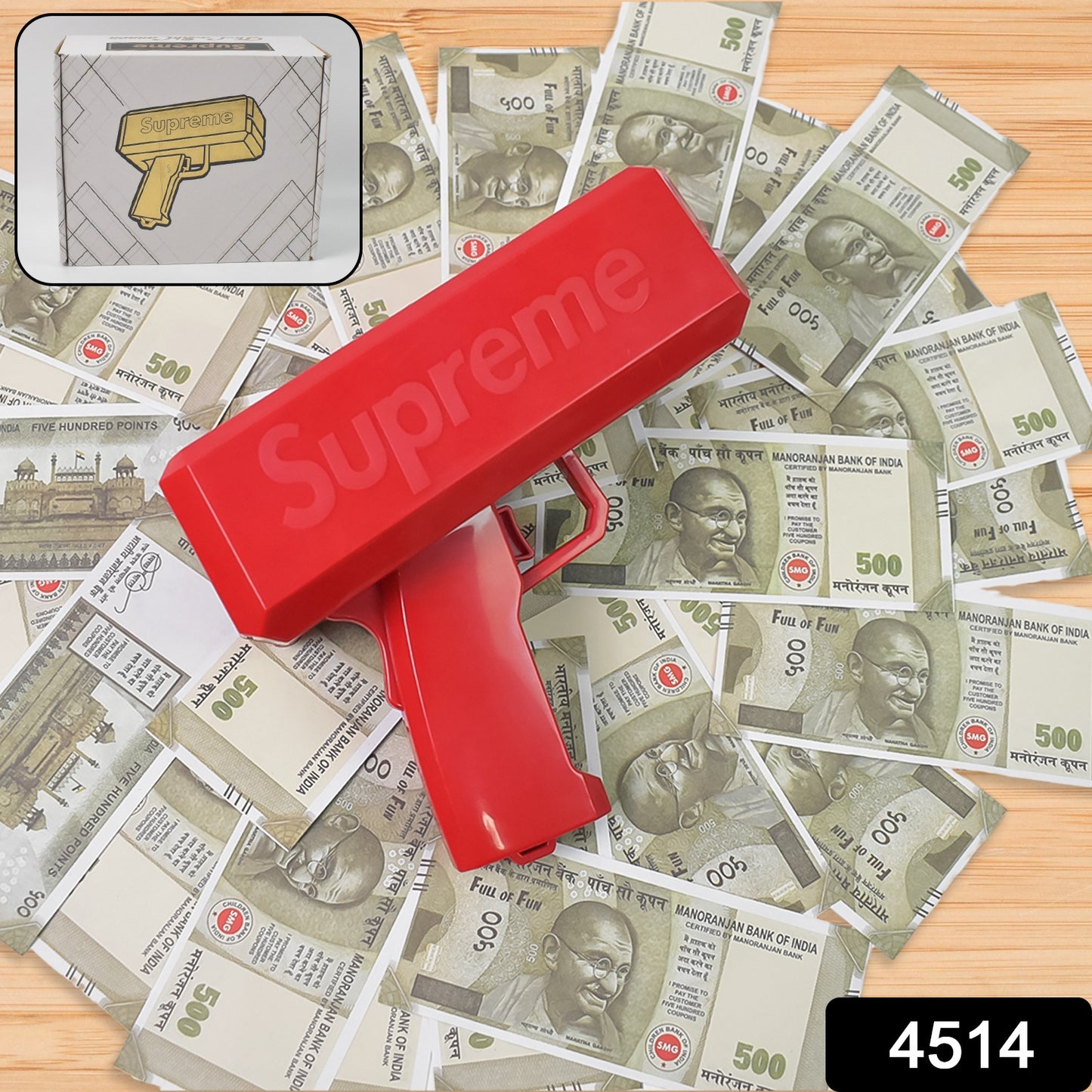 Wukusy Money Gun Shooter toy gun spraying fake cash for party fun, wedding, or birthday celebrations with playful cash cannon effect.
