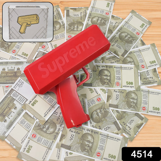 Wukusy Money Gun Shooter toy gun spraying fake cash for party fun, wedding, or birthday celebrations with playful cash cannon effect.