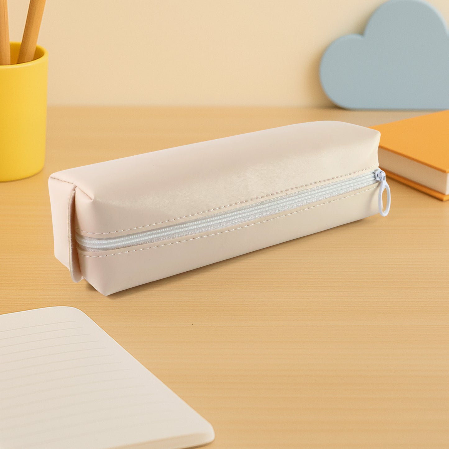 Slim Wukusy PU leather pencil pouch for office, compact and stylish storage for pens and stationery in a sleek design.