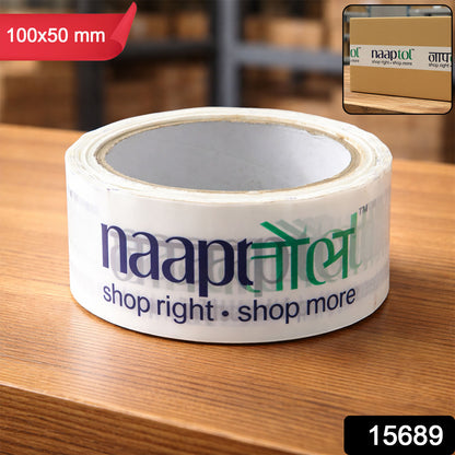 Wukusy Naaptol printed heavy-duty packaging tape 100x50mm applied to sealed cardboard box for secure shipping.