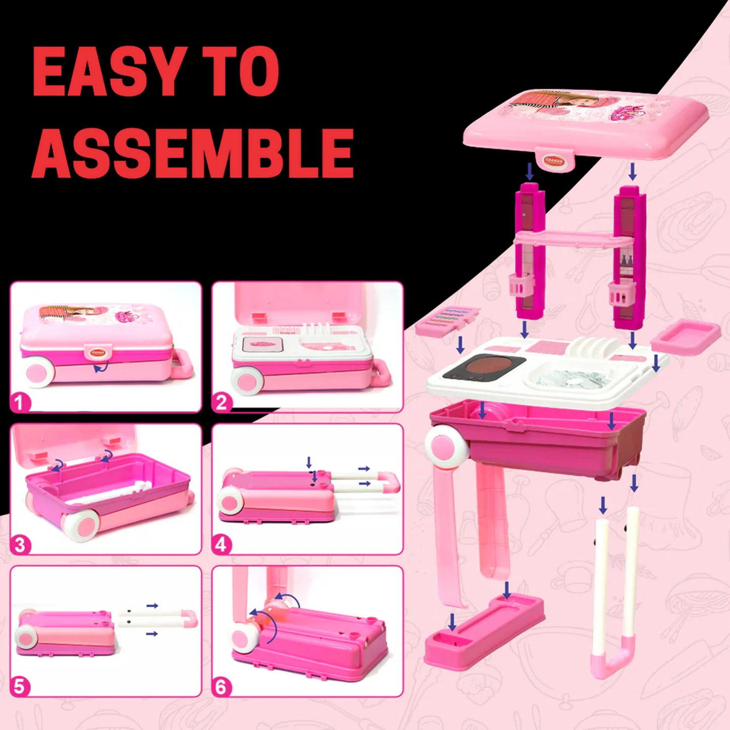 Wukusy 3-in-1 kids' kitchen play set with toy utensils and accessories in a portable suitcase for pretend play.