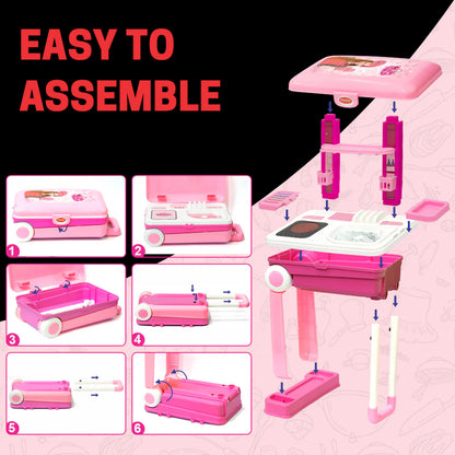 Wukusy 3-in-1 kids' kitchen play set with toy utensils and accessories in a portable suitcase for pretend play.