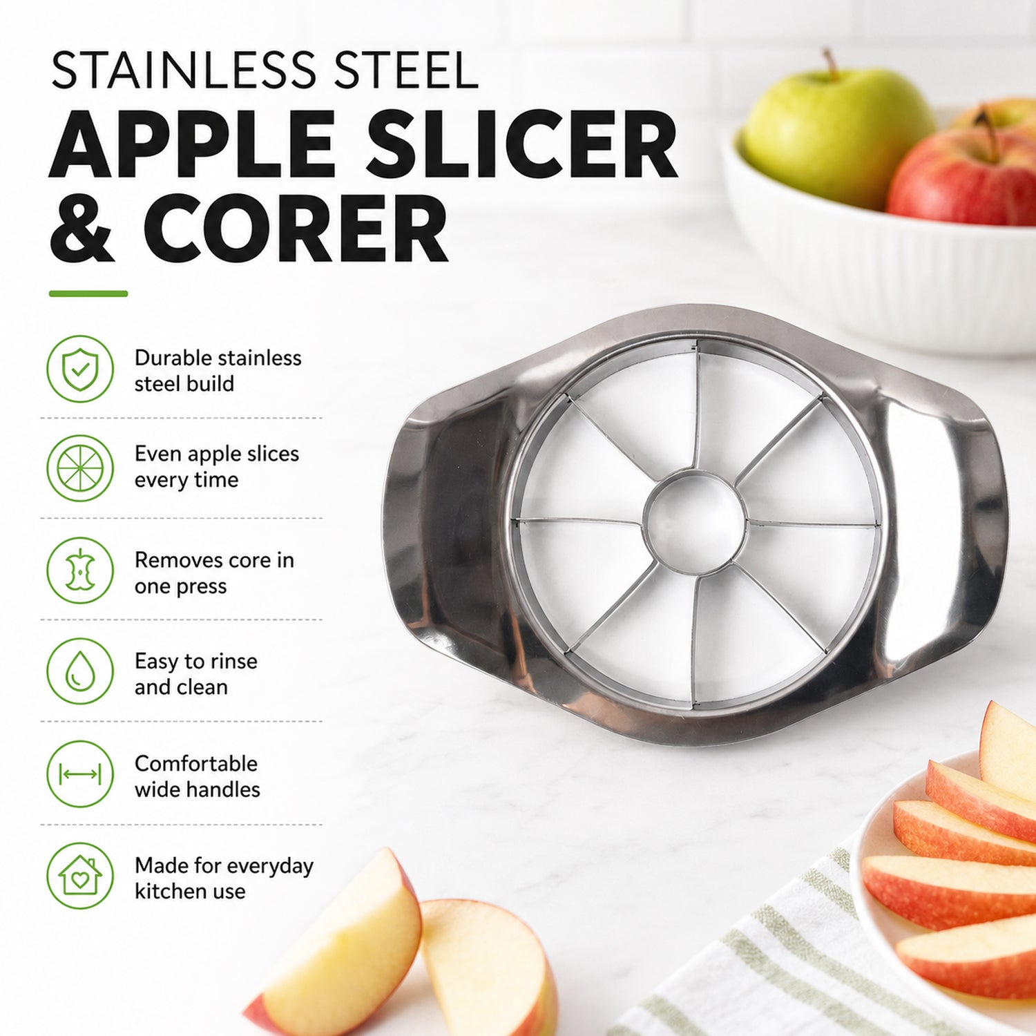 Wukusy apple-shaped stainless steel fruit slicer and corer for kitchen use, displayed on a table with sliced apples.